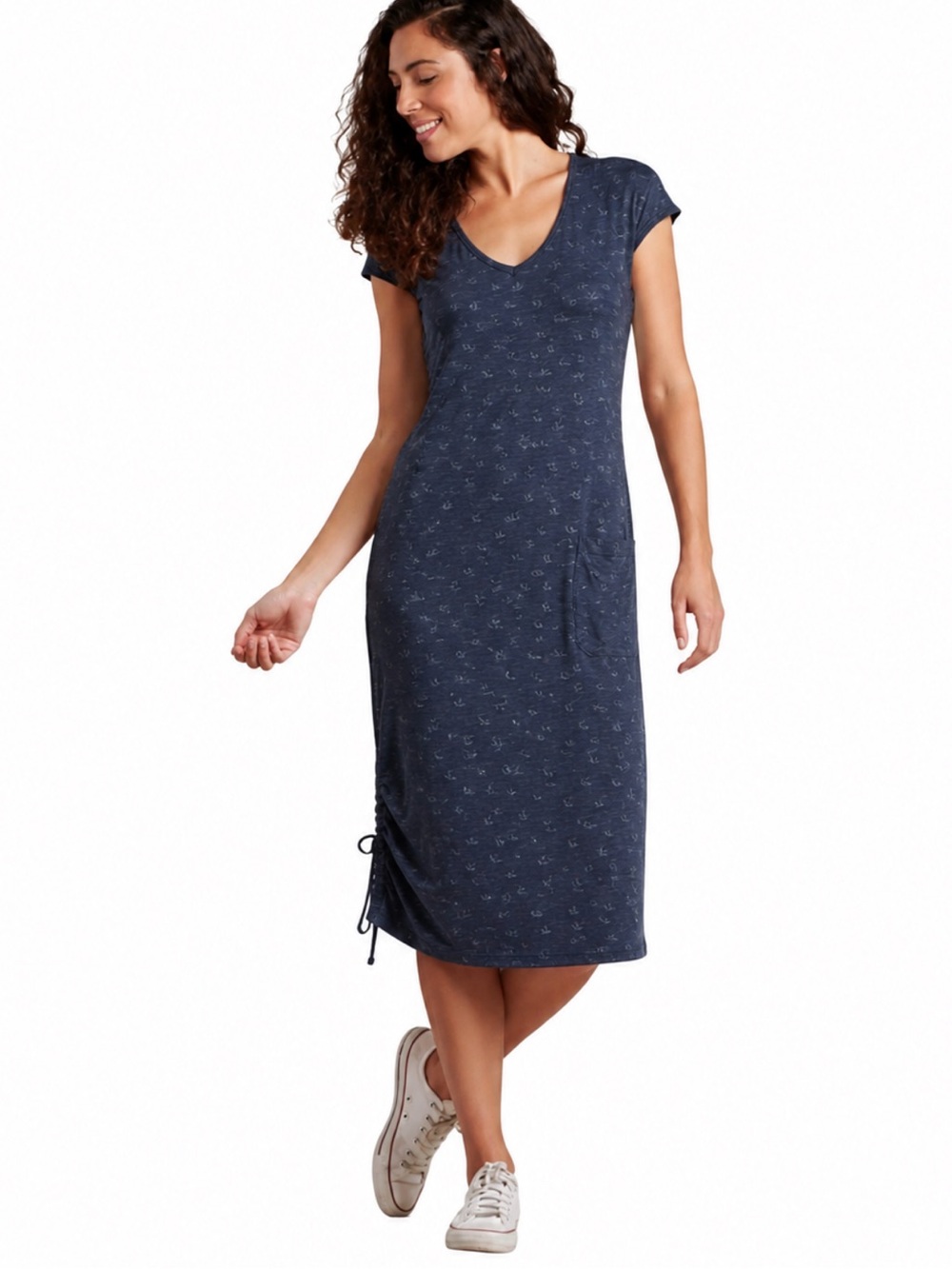 Toad&Co Women’s M Dusty Navy Blue Organic Cotton Blend Leaf Print Midi Dress EUC